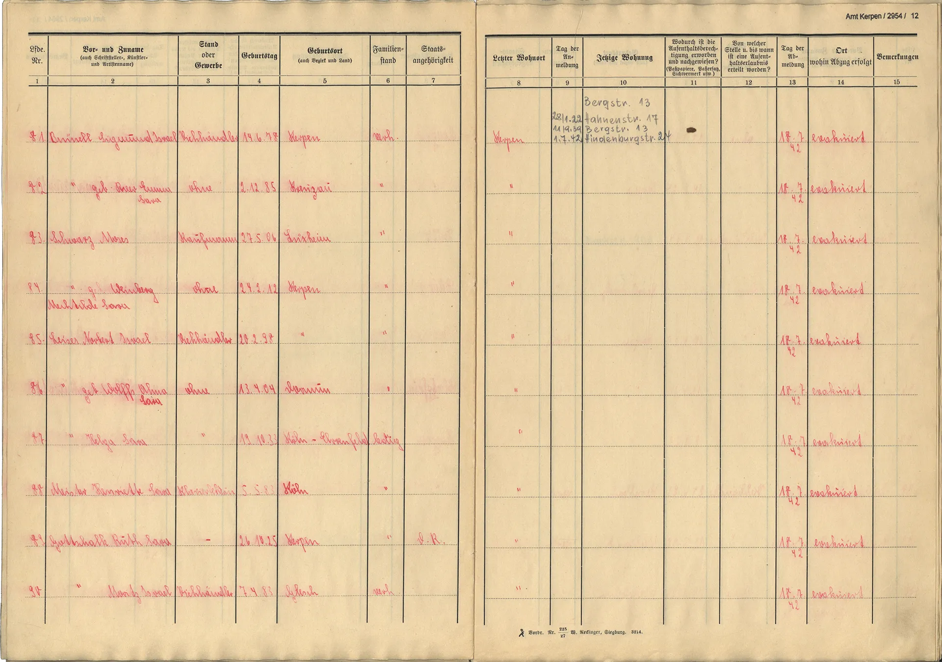 Namensregister mit personenbezogenen Daten und Deportationsdatum.