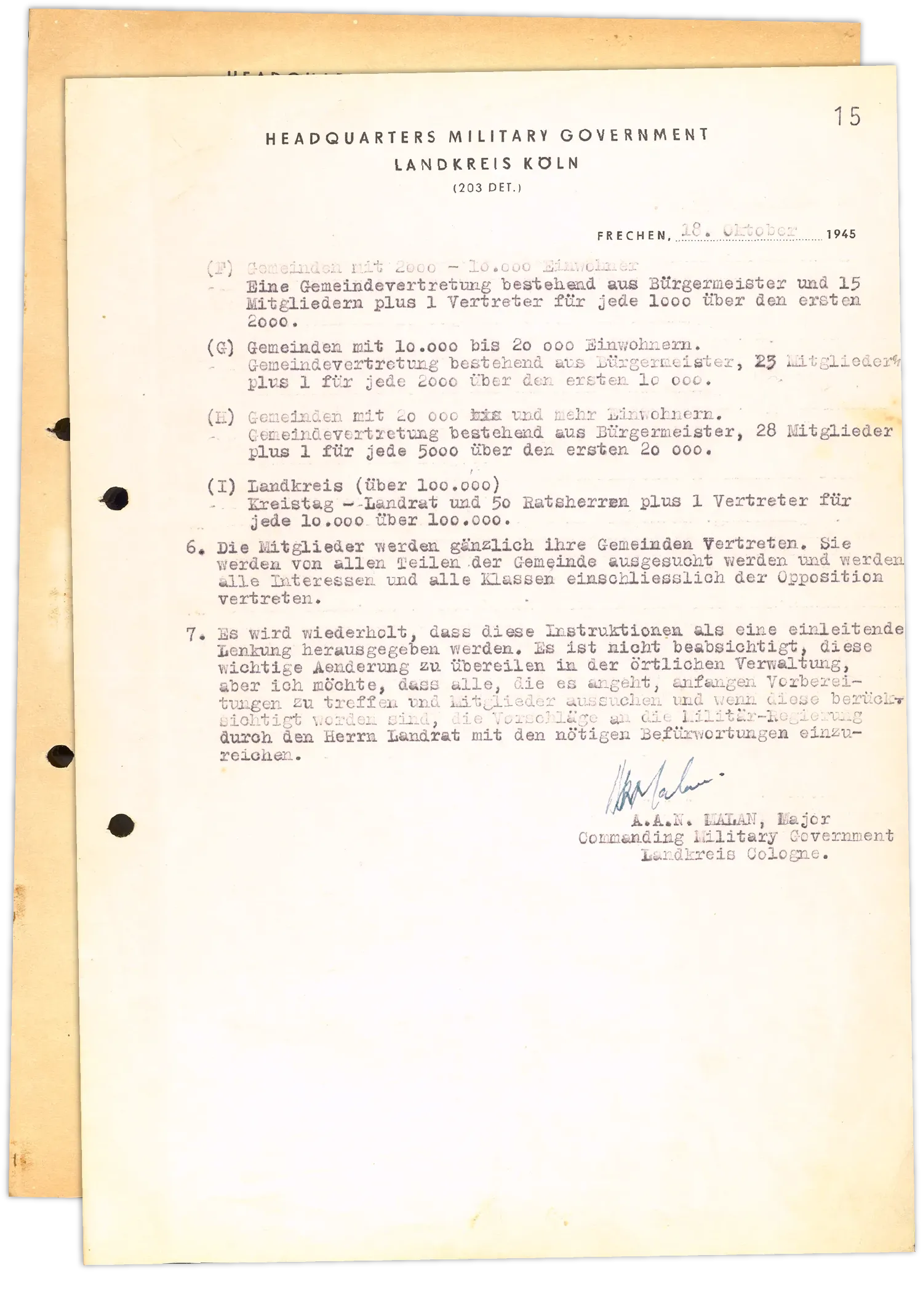 Schriftstück, der Militärregierung an den Landrat.