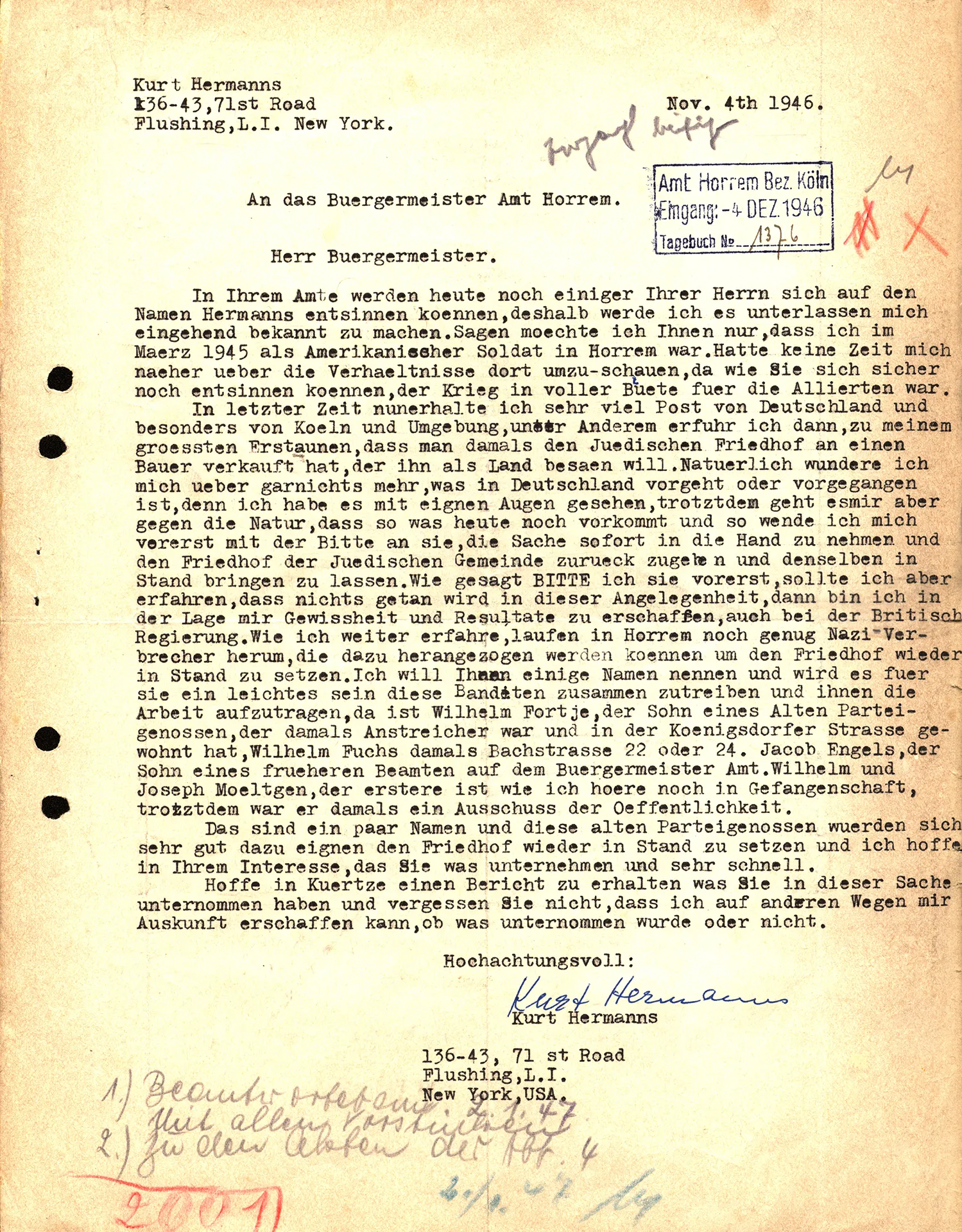 Schreiben eines ehemaligen amerikanischen Soldaten über Zustand jüdischer Friedhof.