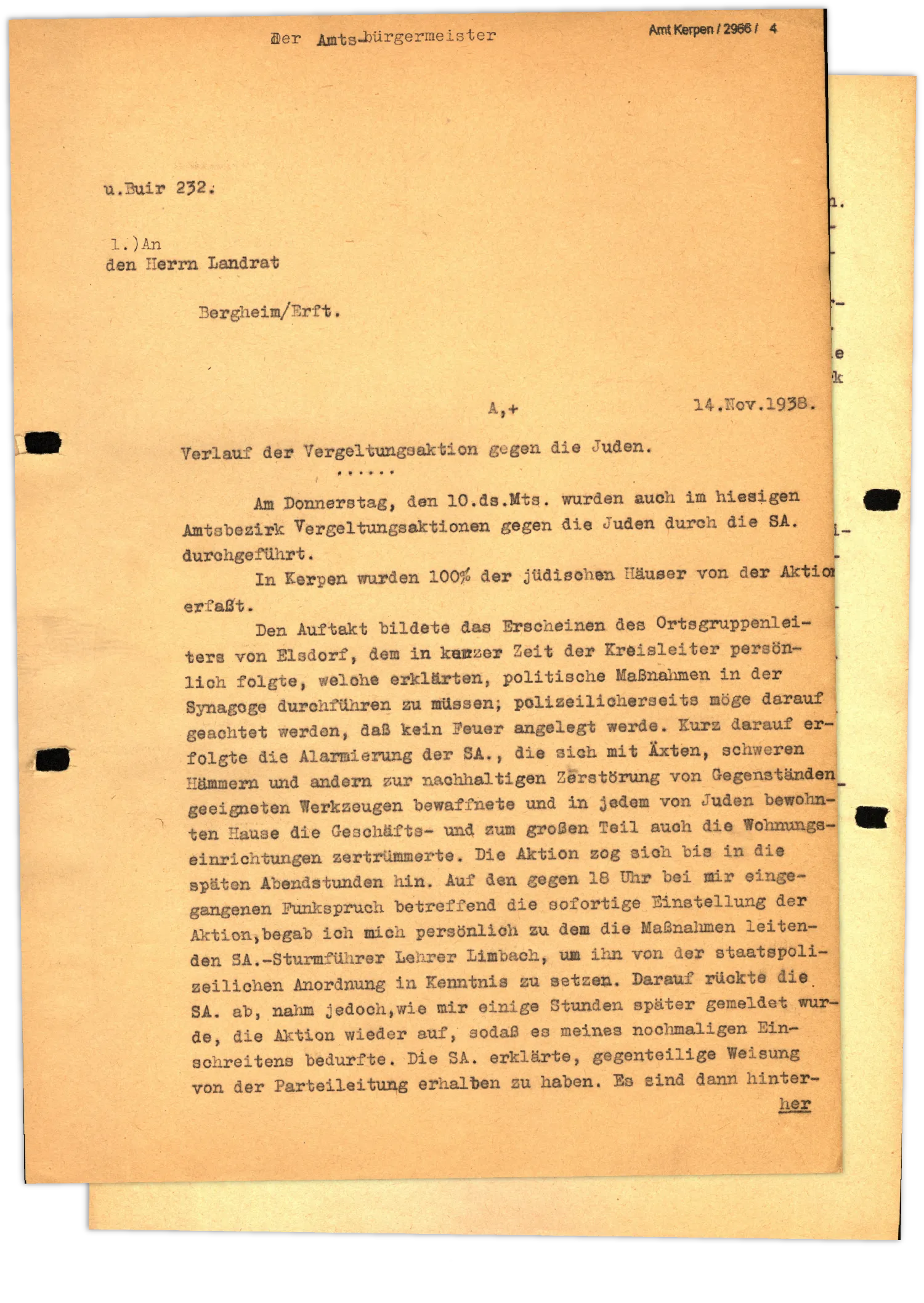 Brief mit Beschreibungen der Ausmaße der Angriffe auf Juden und den folgenden Kosten.