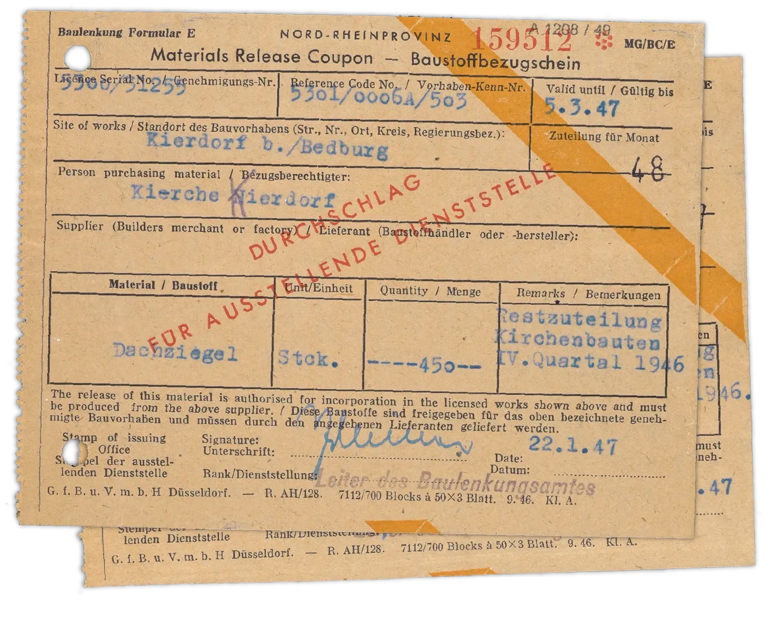 Schriftstücke, Baustoffbezugscheine.