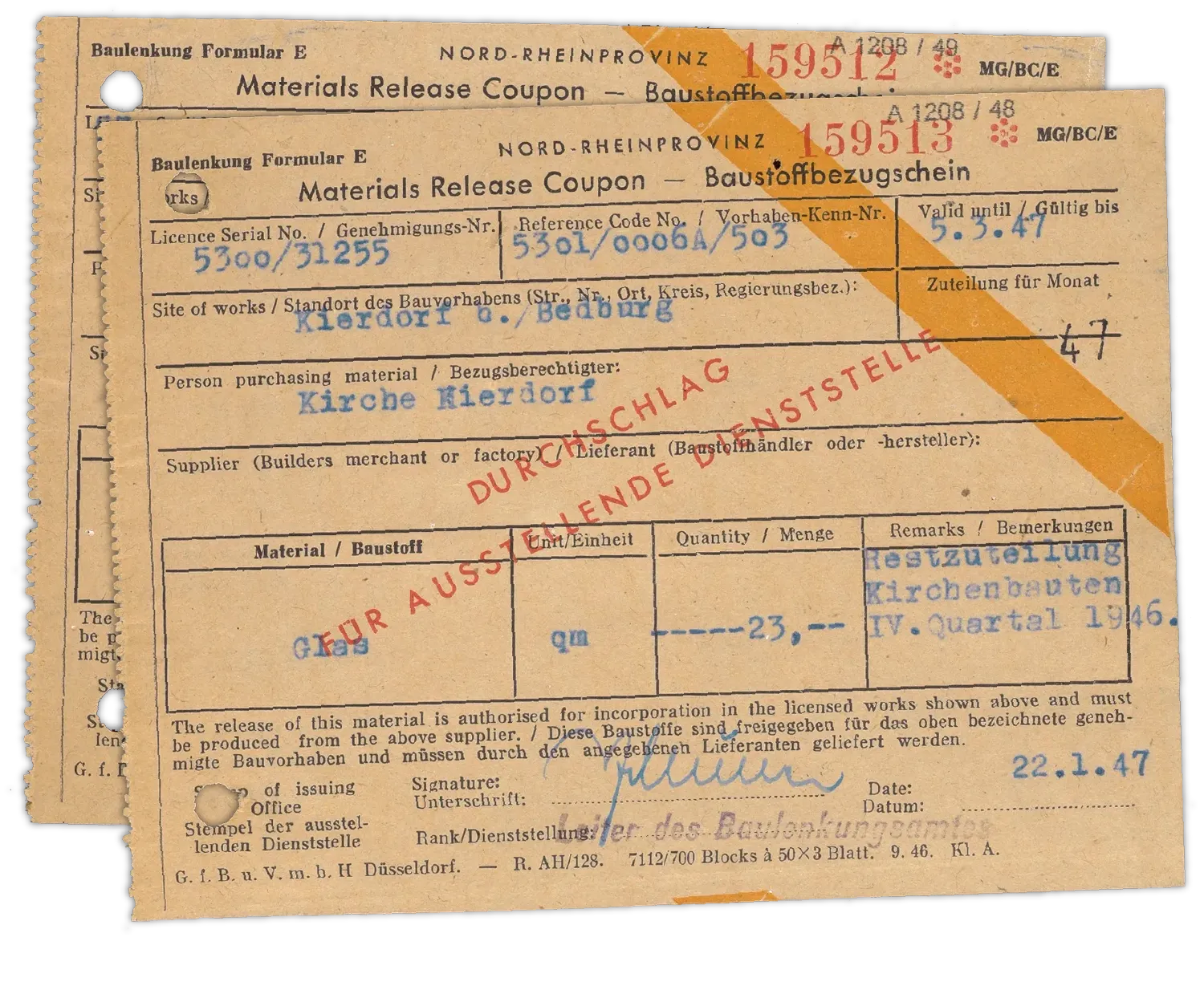 Schriftstücke, Baustoffbezugscheine.
