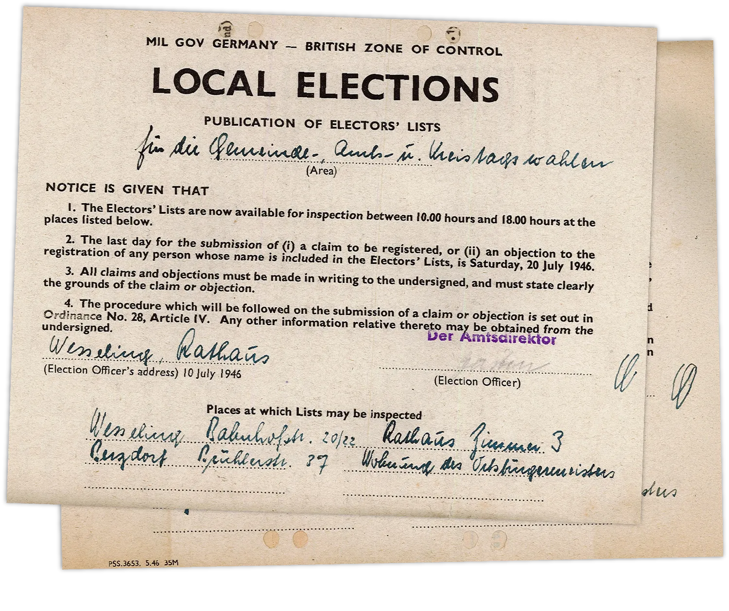 Amtliches Formular mit handschriftlichen Ergänzungen