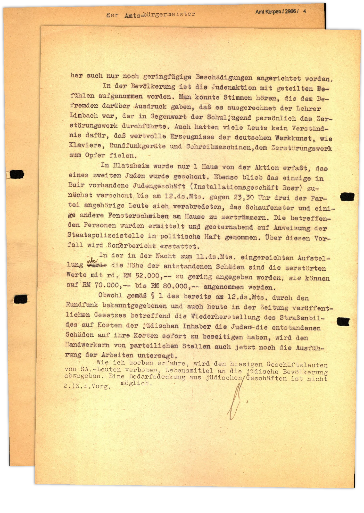 Brief mit Beschreibungen der Ausmaße der Angriffe auf Juden und den folgenden Kosten.